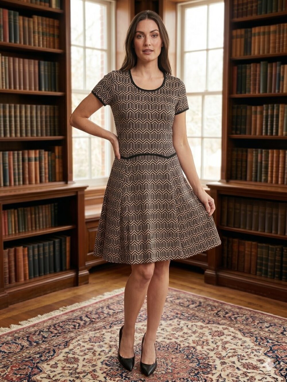 Gabby Skye Black and Pink‎ Geometric Fit and Flare Dress
